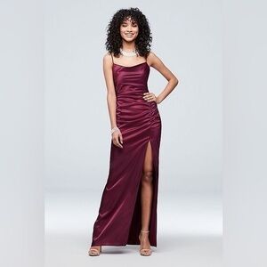 BETSY AND ADAM Ruched Low Back Satin Cowlneck Sheath Dress with Slit Women’s 4